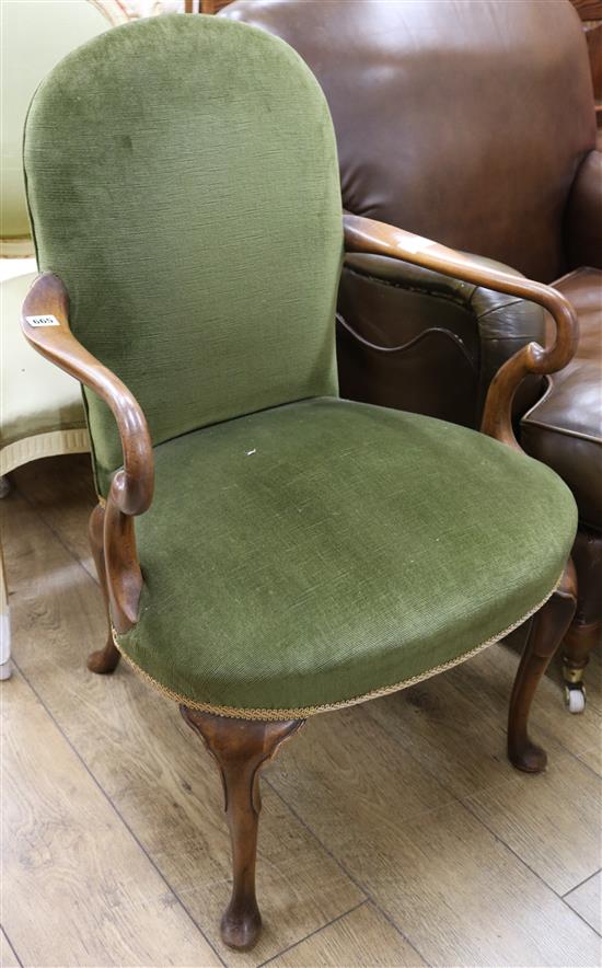 A George III mahogany green dralon upholstered elbow chair
